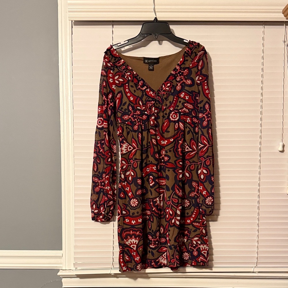 INC International Concepts Red and Brown Long Sleeve Dress